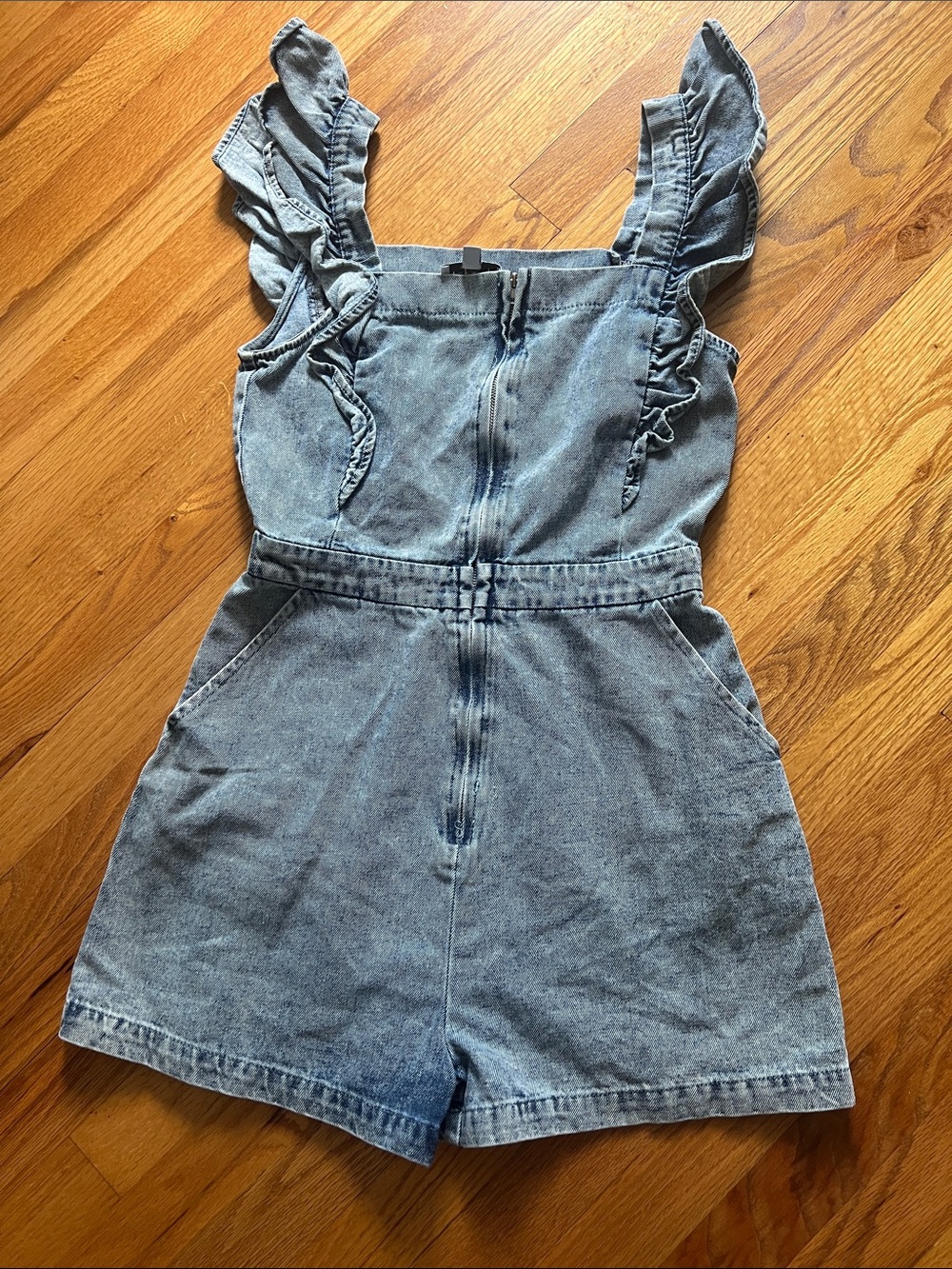 Gilli Washed Blue Denim Ruffle-Strap Romper